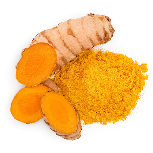 tumeric root crosswise slices with ground powder