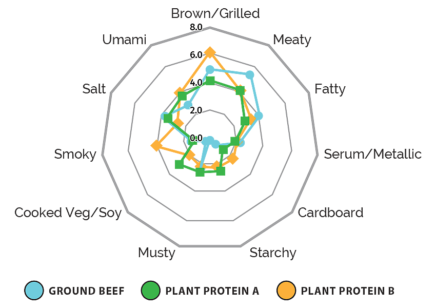 Sensory analysis of 80 percent ground beef compared to two plant protein products